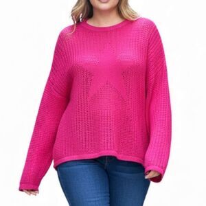 Davi & Dani Star Front Hot Pink Crochet Drop Shoulder Knit Top, NEW! Size 1XL